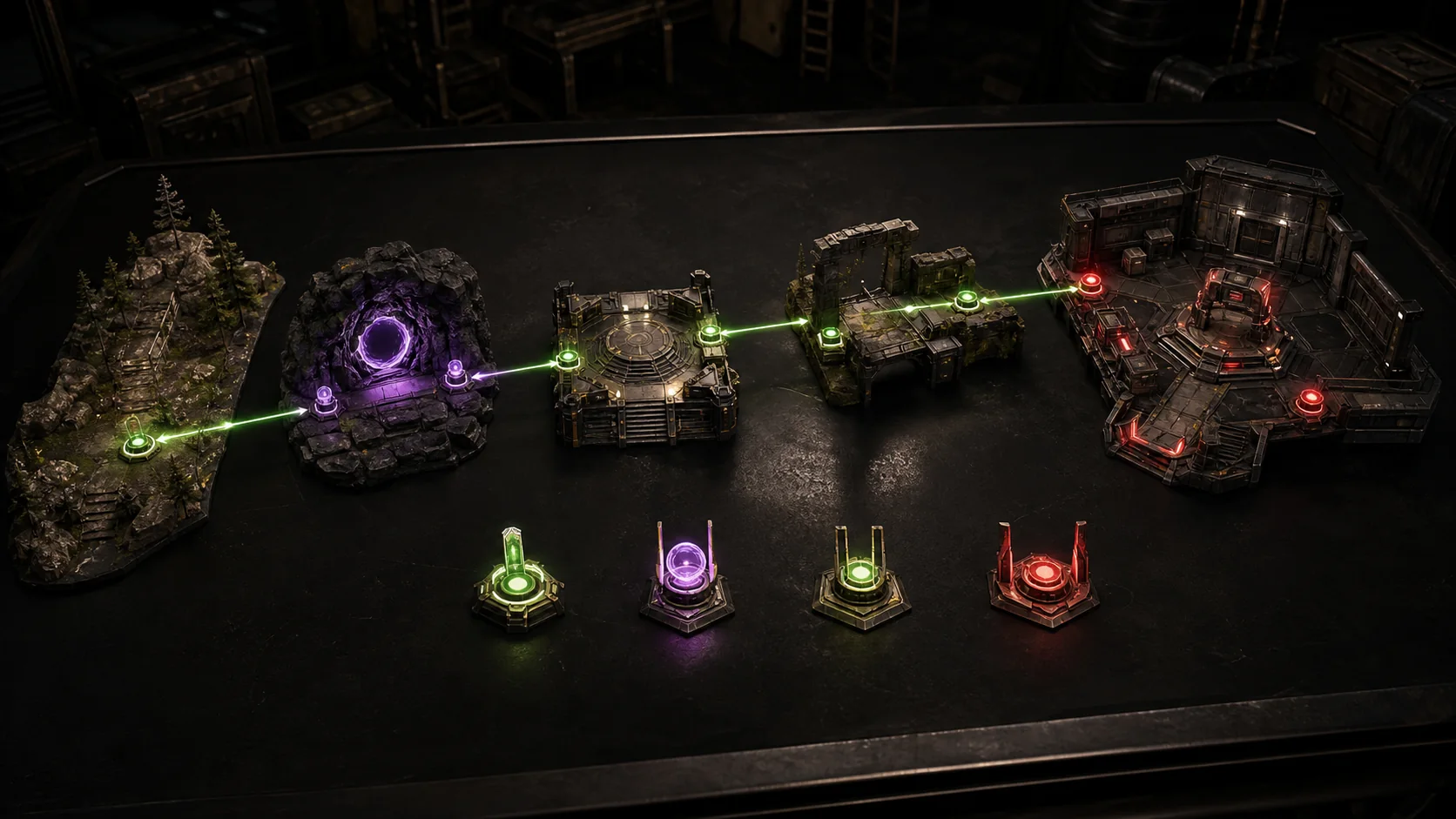 Cinematic route assembly diorama showing cave portal, lobby, environment, and raid modules connected by anchor markers.