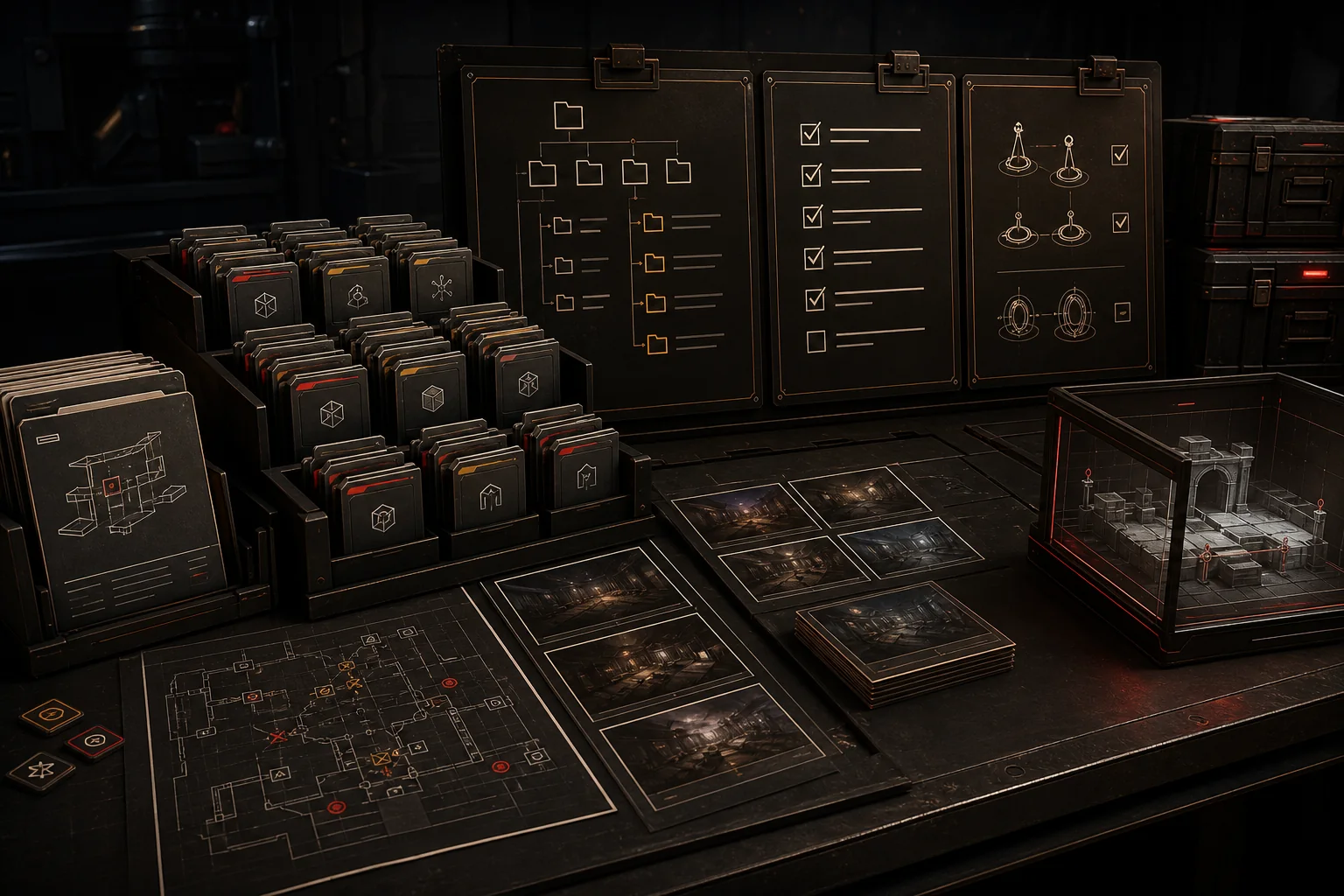 Cinematic export operations bay with folder cartridges, validation boards, and prefab thumbnail sheets.
