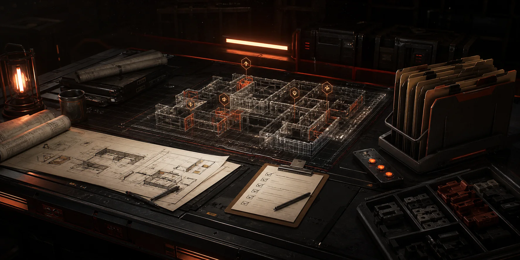 Cinematic RaidCreator field manual dashboard with a 3D layout and checklist props.