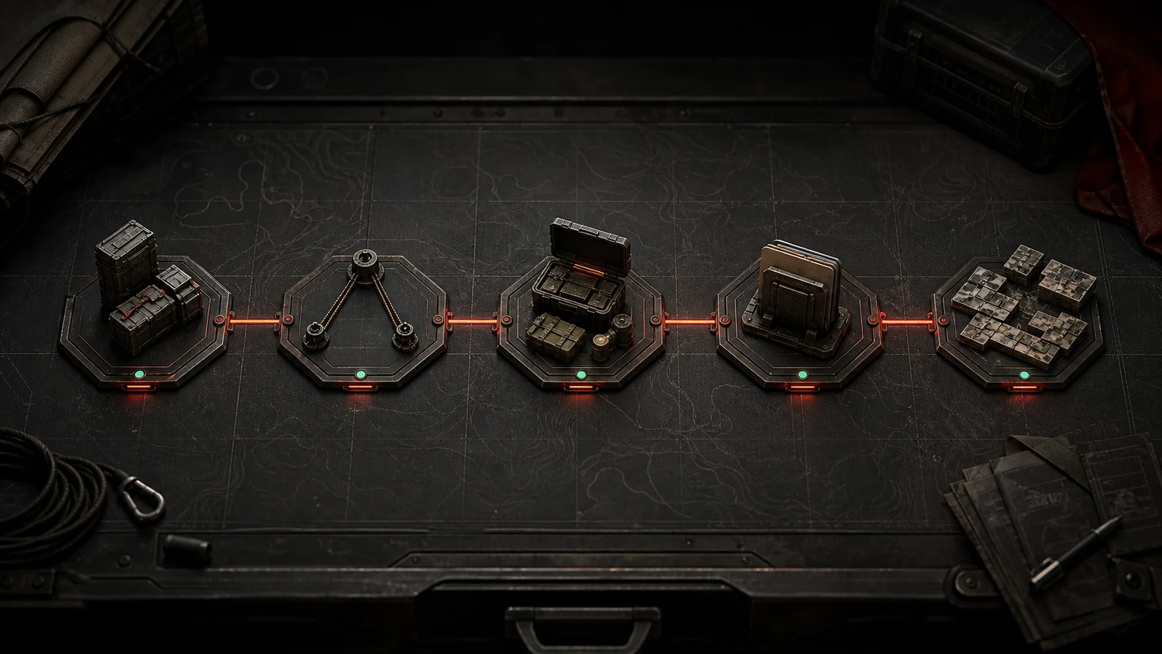 Cinematic five-step RaidCreator training route map.